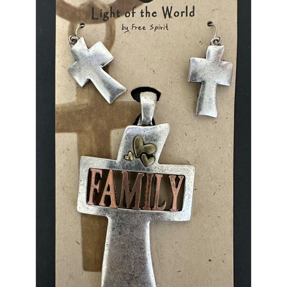 Light of the World by Free Spirit Mixed Metals Cross Pendant “Family” w/Earrings - Picture 2 of 3
